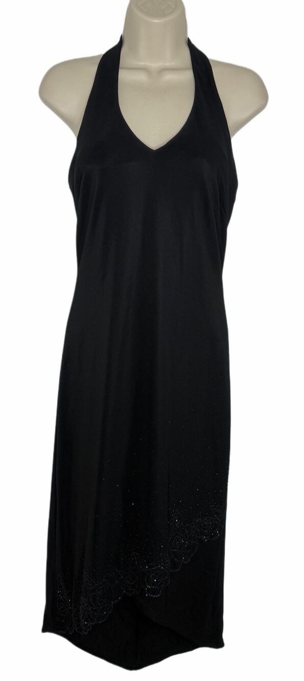 CDC Vintage Y2k Black Beaded Floral Hi Low Halter Dress Size Small